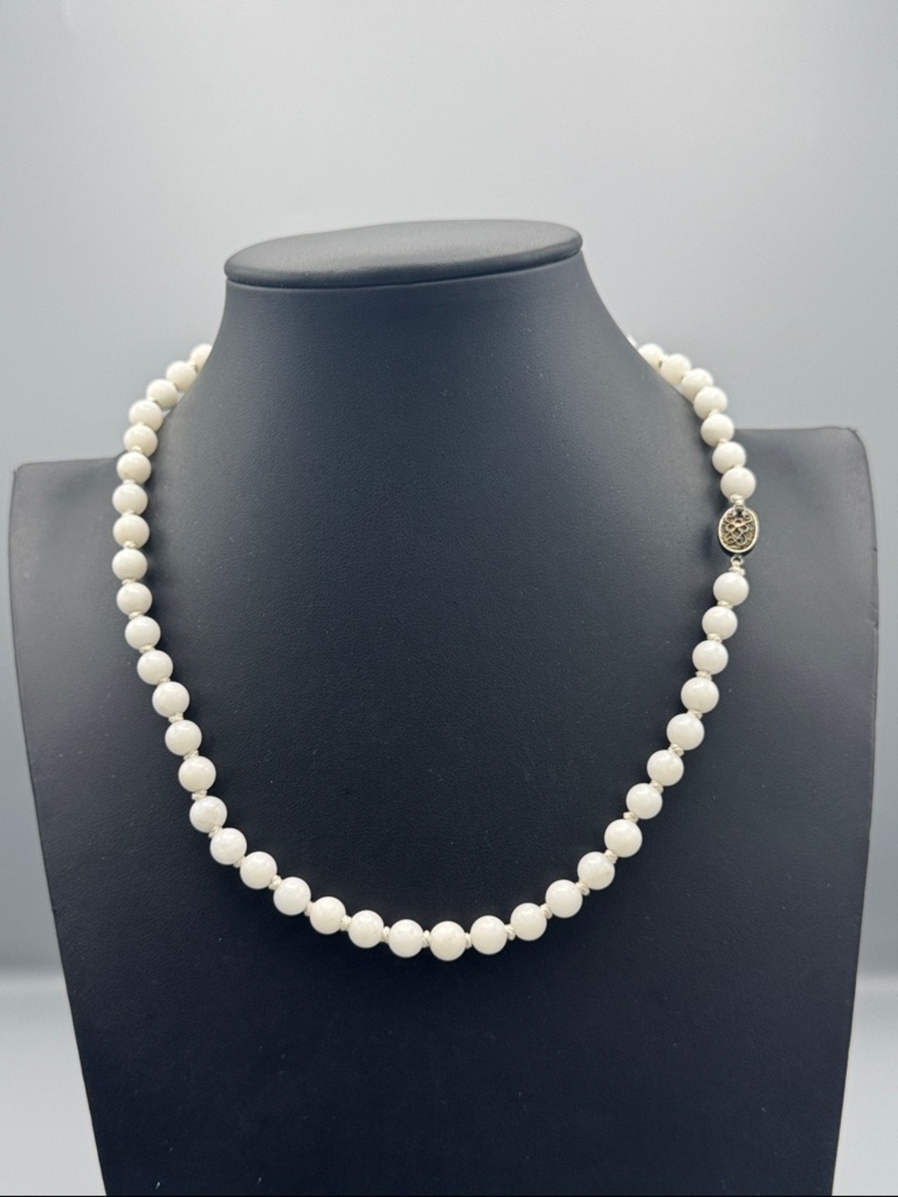 Stone White Beaded Necklace Sterling Silver Clasp